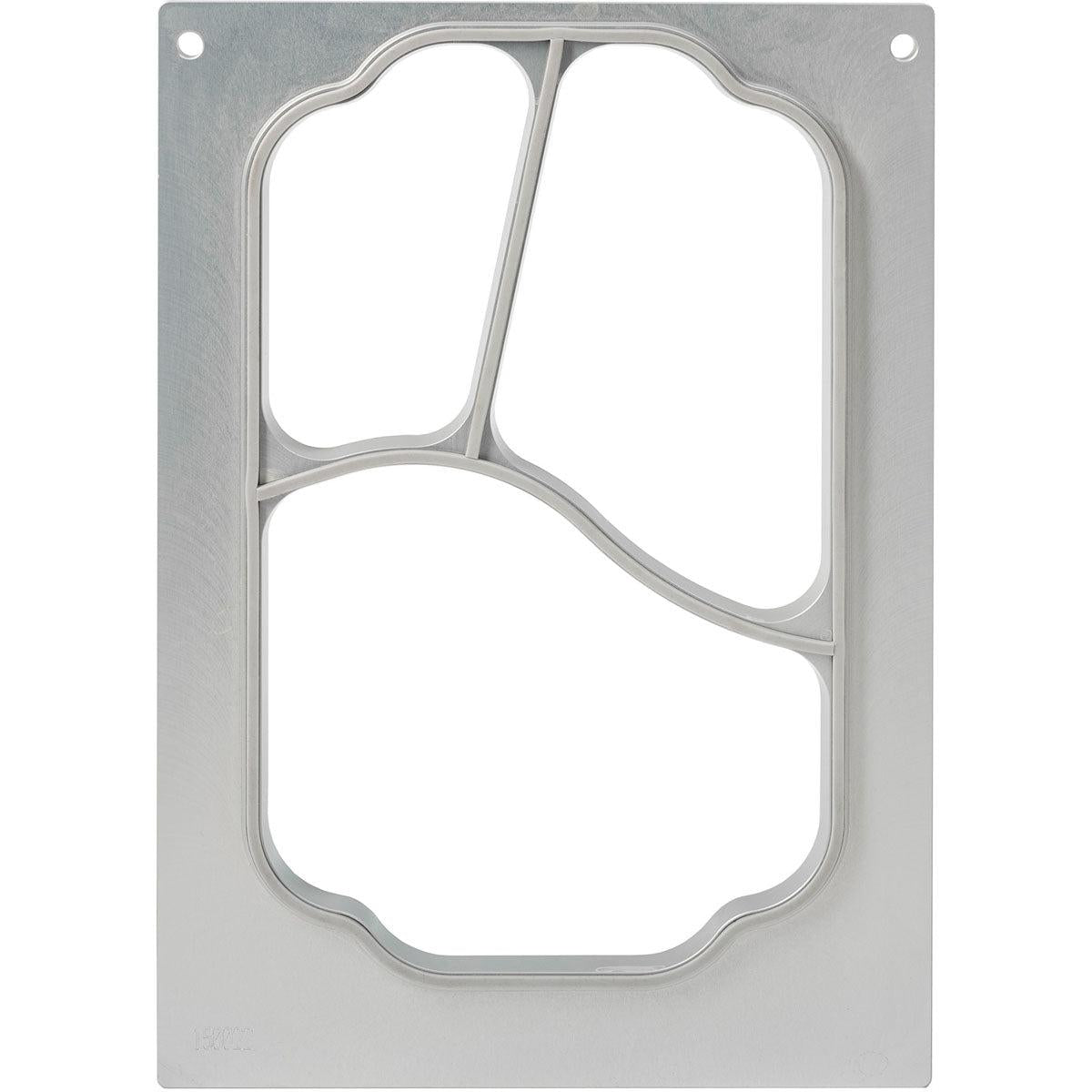 The rectangular cassette DF10/20 from Duni GmbH for 3-compartment PP trays (550/350/200 ml) has a cutout with three small tops and a larger bottom part, as well as two small round holes in the upper corners.