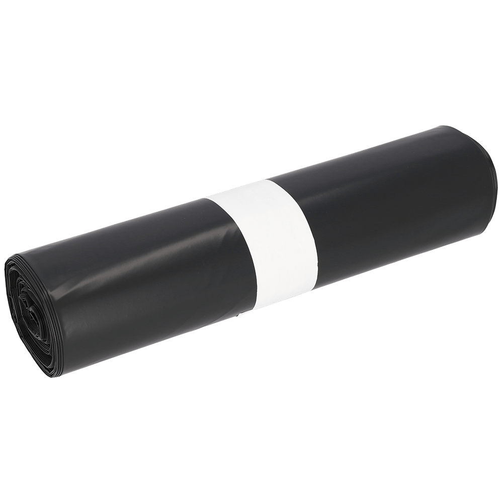 Pictured is a roll of EMIL DEISS KG (GmbH + Co.) DEISS 15005 garbage bags black, 700x1100x0.06 mm (25 pieces), with a white paper band around the middle, on a solid white background.