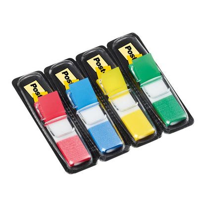 Four packs of 3M Post-it® Index Tabs Mini (11.9 mm x 43.2 mm, 35 strips/dispenser) in red, blue, yellow, and green plastic dispensers are arranged diagonally on a white background.
