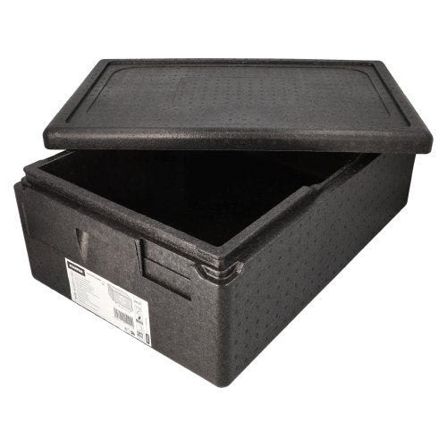 A black Starpak insulated transport container, EPP 60x40cm “Gastro-Norm 1/1”, features a partially open lid showing the empty interior and a white label with text and barcodes on the front – ideal for use in catering.