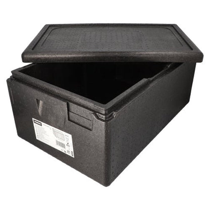 The black Starpak insulated transport container, EPP 60 cm x 40 cm “Gastro-Norm 1/1”, features a partially open lid showing the empty interior and a front label with barcode – perfect for catering applications.
