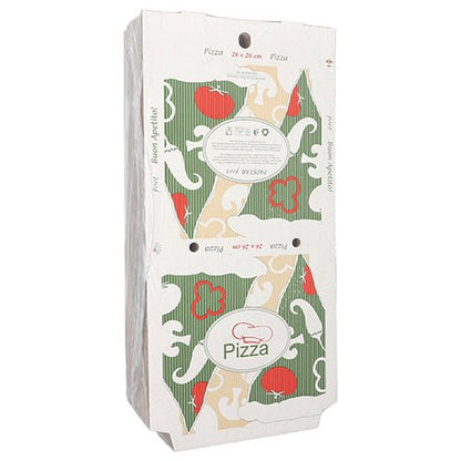 The PAPSTAR 100 pizza boxes "pure" rectangular by PAPSTAR GmbH is a rectangular, eco-friendly cellulose box (26 x 26 cm) with green, beige, and red tomato and pepper motif and the inscription "Pizza", shown upright in the photo.