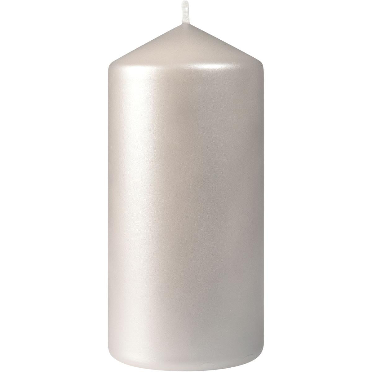 The Duni GmbH pillar candle, approx. 50h 150 x 70 mm, is a tall, silver pillar candle with a tapered tip and a visible wick, standing upright against a simple white background and offering up to 50 hours of burn time.