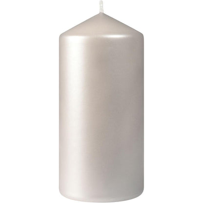 The Duni GmbH pillar candle, approx. 50h 150 x 70 mm, is a tall, silver pillar candle with a tapered tip and a visible wick, standing upright against a simple white background and offering up to 50 hours of burn time.