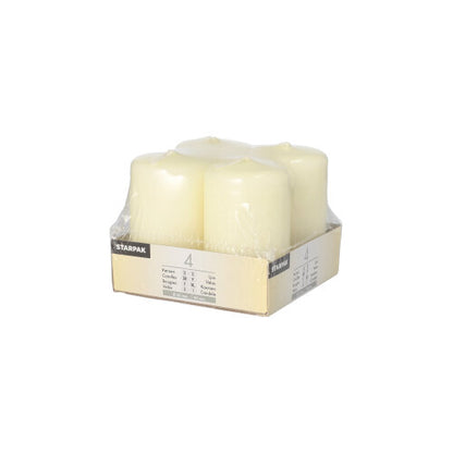 Four candles of the type "Starpak 4 pillar candles Ø 50 mm · 80 mm Ivory with flat top" are packaged in a square cardboard tray with clear plastic wrap and a "STARKPAK" label, all on a plain white background.