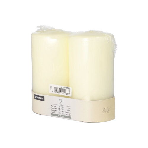 The Starpak 2 pillar candles Ø 80 mm set with flat top is packaged together in clear foil with a white label for product info and barcode – timeless elegance for any home.
