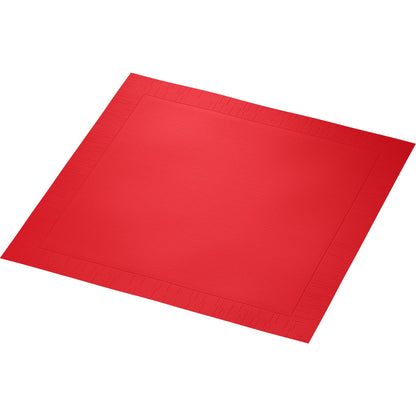 A red Duni GmbH classic napkin paper napkin, 40 x 40 cm, 4-ply, embossed with a subtle border and 1/4 fold, depicted flat on a white background.
