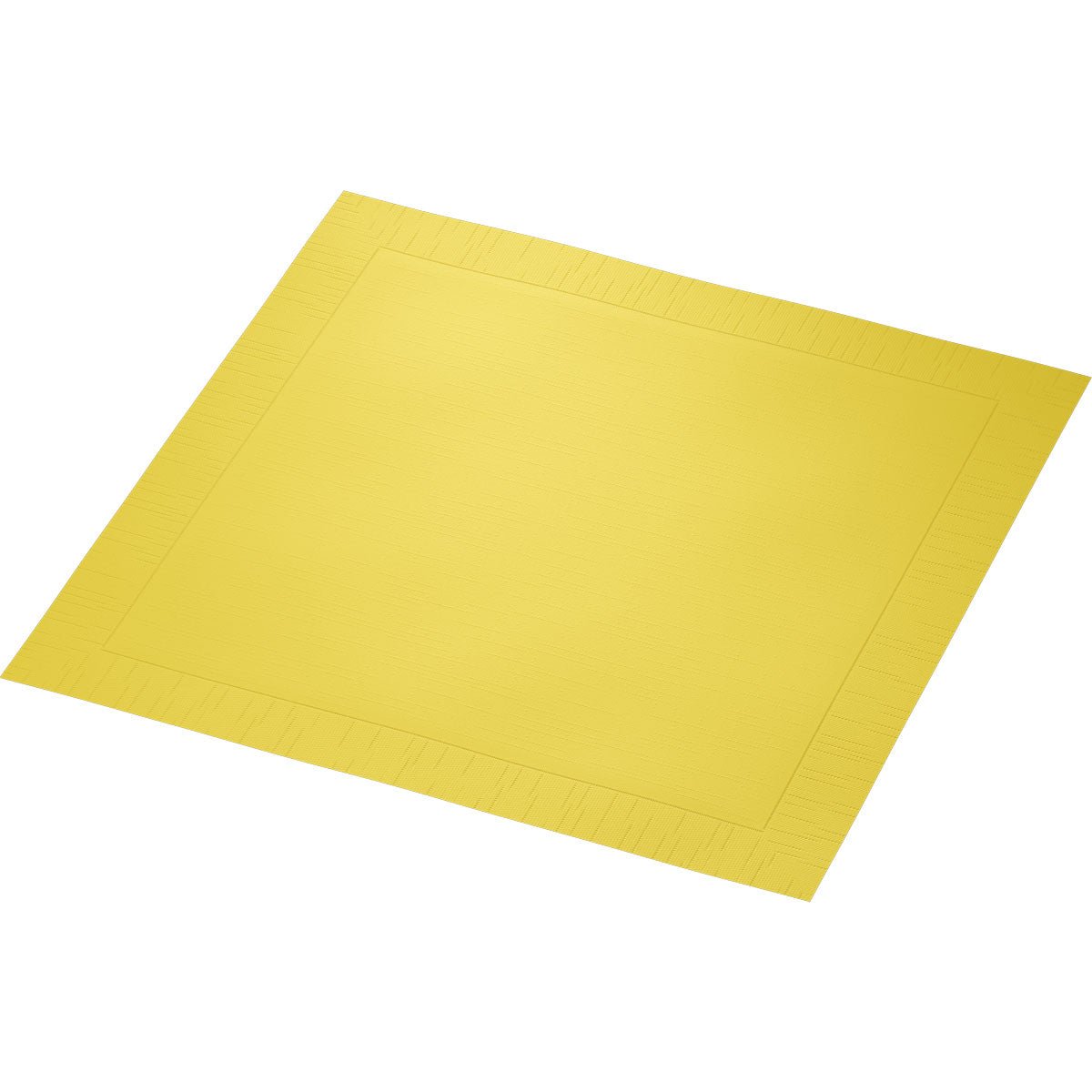 A square yellow Duni GmbH classic napkin paper napkin, 40 x 40 cm, 4-ply, embossed with 1/4 fold, lies flat on a white background.
