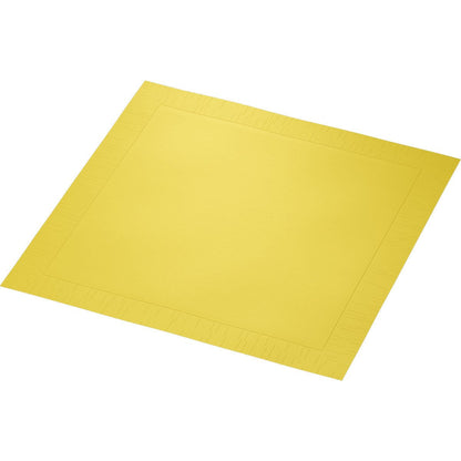 A square yellow Duni GmbH classic napkin paper napkin, 40 x 40 cm, 4-ply, embossed with 1/4 fold, lies flat on a white background.