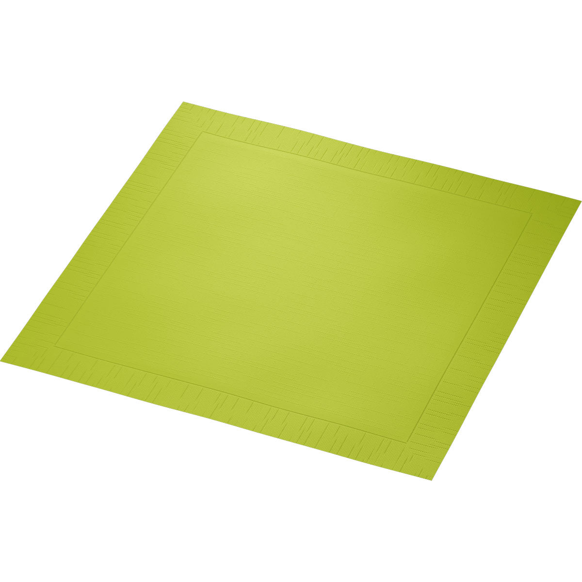 A single Duni GmbH classic napkin 40 x 40 cm, 4-ply, embossed 1/4 fold napkin in lime green is depicted on a white background, showing its smooth center and patterned edge.