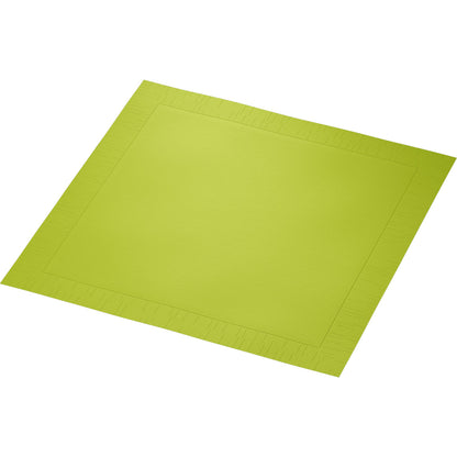 A single Duni GmbH classic napkin 40 x 40 cm, 4-ply, embossed 1/4 fold napkin in lime green is depicted on a white background, showing its smooth center and patterned edge.