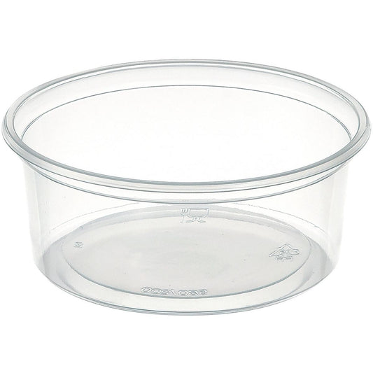 Ein klarer, runder Delipack rund Transparent PP 101x101 Behälter von Duni GmbH (Packung: 50 Stück) mit glattem Rand und ohne Deckel steht auf weißem Hintergrund. Recycling- und lebensmittelsichere Symbole sind sichtbar-ideal zur Aufbewahrung.