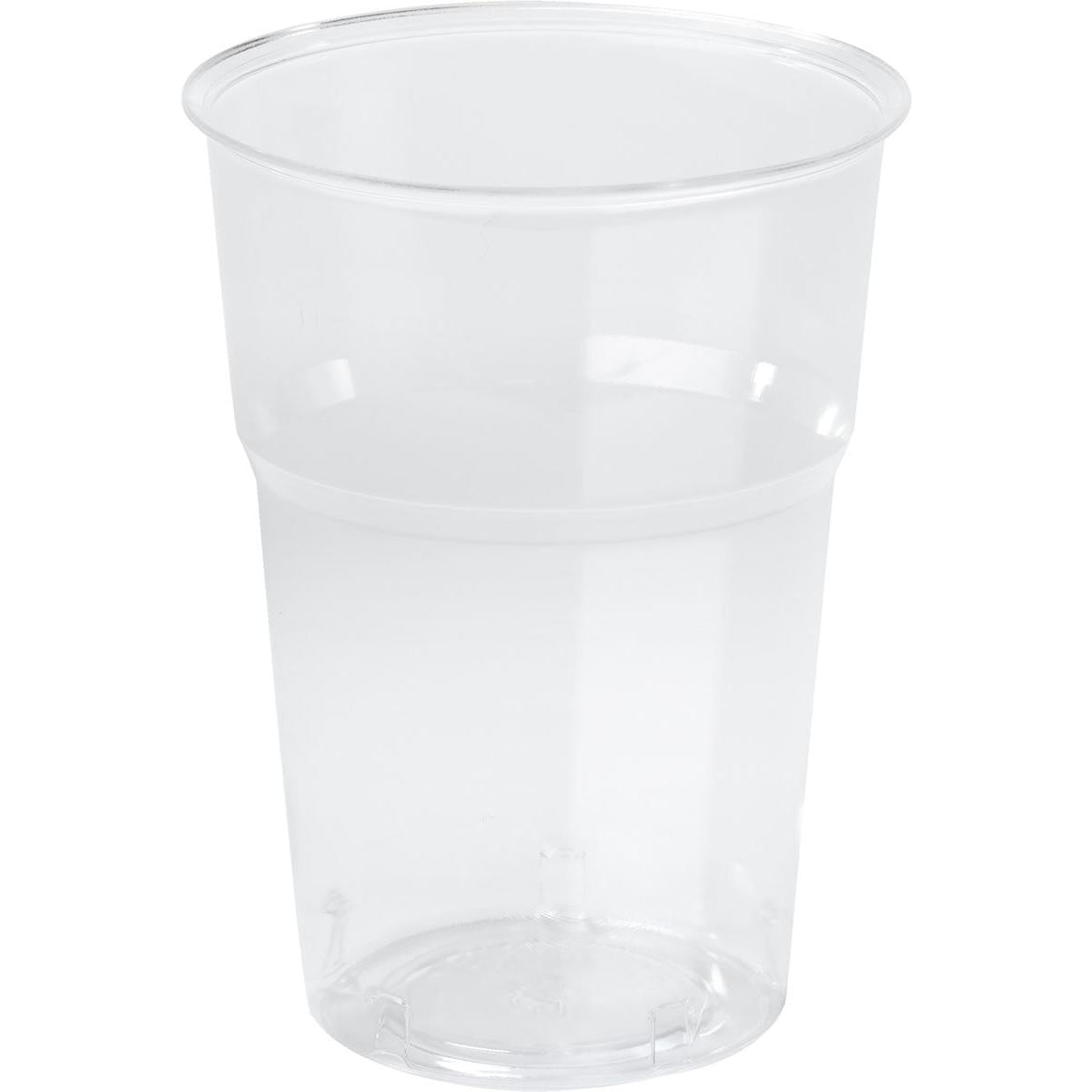 A transparent PLA cup, glass, PLA, fill line Transparent PLA from Duni GmbH, stands upright on a white background. The smooth surface and slight rim lip emphasize its clear, eco-friendly design.