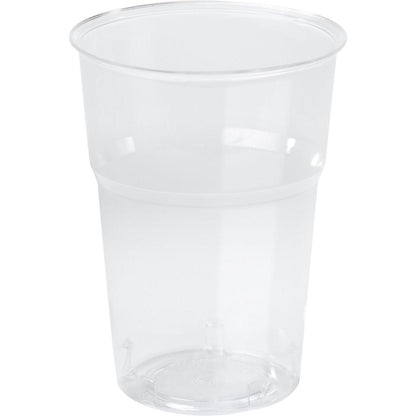 A transparent PLA cup, glass, PLA, fill line Transparent PLA from Duni GmbH, stands upright on a white background. The smooth surface and slight rim lip emphasize its clear, eco-friendly design.