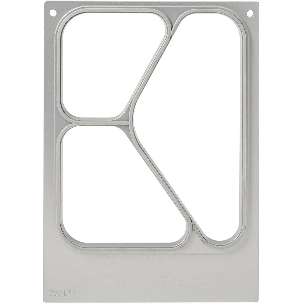 A sheet of Duni GmbH with three round rectangular cutouts, a larger irregular cutout, smooth edges, and two upper corner holes. In the lower left corner, "159177 Cassette DF10/20 3-comp f. PP tray Caterline" is printed.