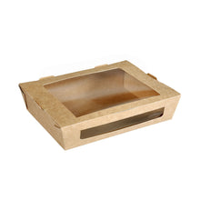 The menu box with PLA window 1200 ml from Duni GmbH made of brown cardboard (200x155x45 mm), photographed empty and partially opened on a white background - a sustainable packaging, ideal for environmentally conscious storage.