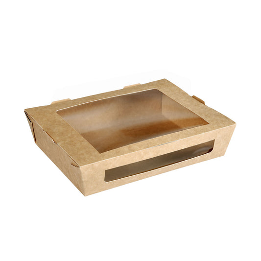 Die Menübox mit PLA-Fenster 1200 ml von Duni GmbH aus braunem Karton (200x155x45 mm), leer fotografiert und teilweise geöffnet auf weißem Hintergrund - eine nachhaltige Verpackung, ideal für umweltbewusste Aufbewahrung.