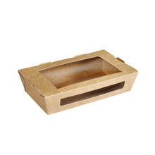 A rectangular 900 ml menu box with a PLA window made of brown cardboard from Duni GmbH (200x120x45 mm, pack of 250 pieces) is placed against a white background. The windows are located on the top and front. It is biodegradable.