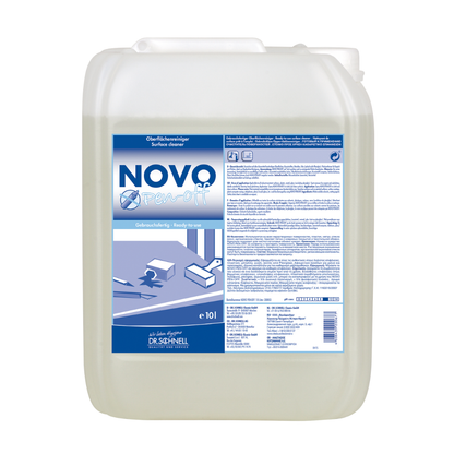A 10-liter container made of translucent plastic of the Dr. Schnell NOVO PEN-OFF special surface cleaner for offices by DR.SCHNELL GmbH & Co. KGaA with a white lid and blue-white label for effective stain removal.