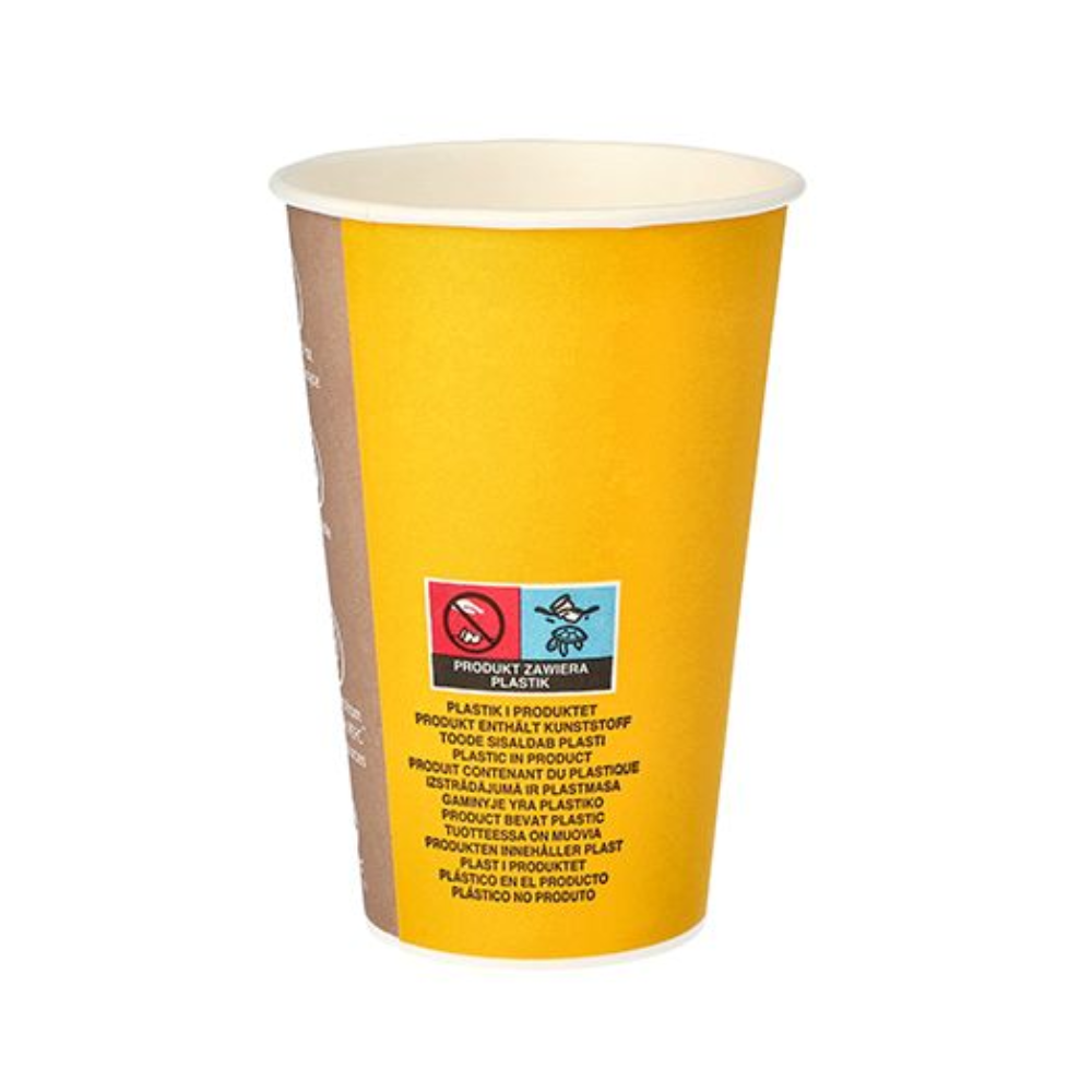A Starpak paper cup for hot drinks in the "To Go" design is perfect for serving hot drinks to take away. The 0.3-liter cup features a red-blue label with recycling symbols and a text confirming that it contains no plastic. It appears empty and isolated against a white background.