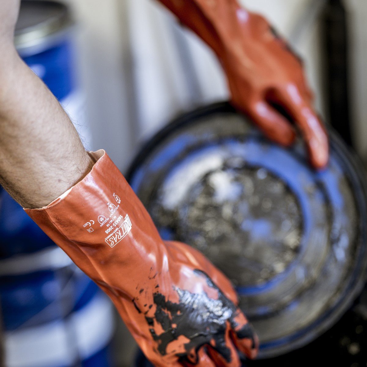 NITRAS chemical protection gloves, red, EN 388, EN ISO 374 cotton jersey | Pack (12 pairs)