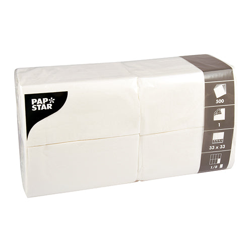 A sealed clear package contains 500 white PAPSTAR napkins, 1-ply, 33x33 cm, 1/8-fold from PAPSTAR GmbH. The label shows size, quantity, and FSC certified.