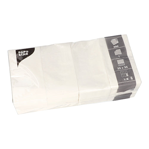 A package of PAPSTAR napkins, 1-ply, 33x33 cm, 1/8-fold, white (500 pieces) from PAPSTAR GmbH, FSC-certified, ideal for catering and shown from a top angle in plastic packaging.