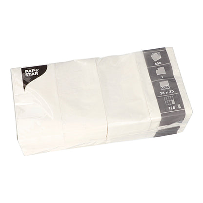 A package of PAPSTAR napkins, 1-ply, 33x33 cm, 1/8-fold, white (500 pieces) from PAPSTAR GmbH, FSC-certified, ideal for catering and shown from a top angle in plastic packaging.