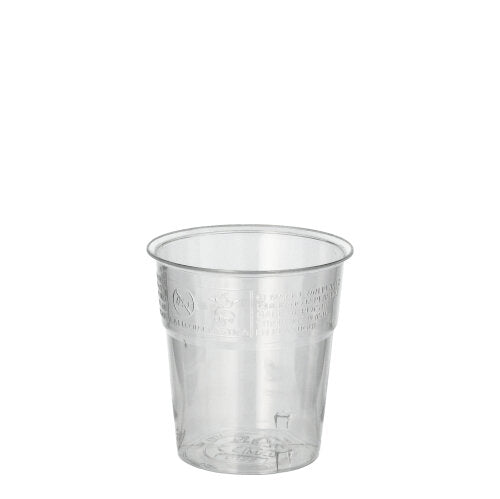 Against a white background stands a transparent Starpak 50 drinking cup made of crystal-clear polystyrene (PS) with a slightly flared rim.