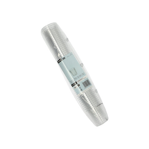 A stack of Starpak 50 drinking cups, PS crystal clear, each with a capacity of 0.2 l, is packaged in plastic with a light blue-white label with product information and a barcode.