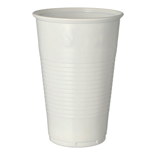A white Starpak drinking cup (0.5l, 9.5cm Ø, 13.7cm high) with a foam edge made of polypropylene with horizontal grooves stands upright on a white surface. Available in packs of 50 pieces in foil packaging.