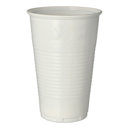 A white Starpak drinking cup (0.5l, 9.5cm Ø, 13.7cm high) with a foam edge made of polypropylene with horizontal grooves stands upright on a white surface. Available in packs of 50 pieces in foil packaging.