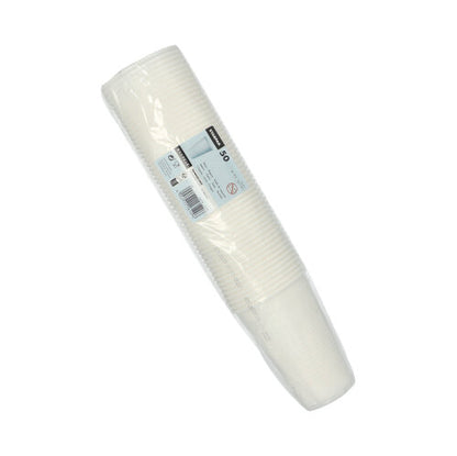 A stack of 50 white Starpak 0.5L PP drinking cups (Ø 9.5 cm · 13.7 cm) with a foam edge, wrapped in plastic, and product information on a rectangular label attached to the packaging.