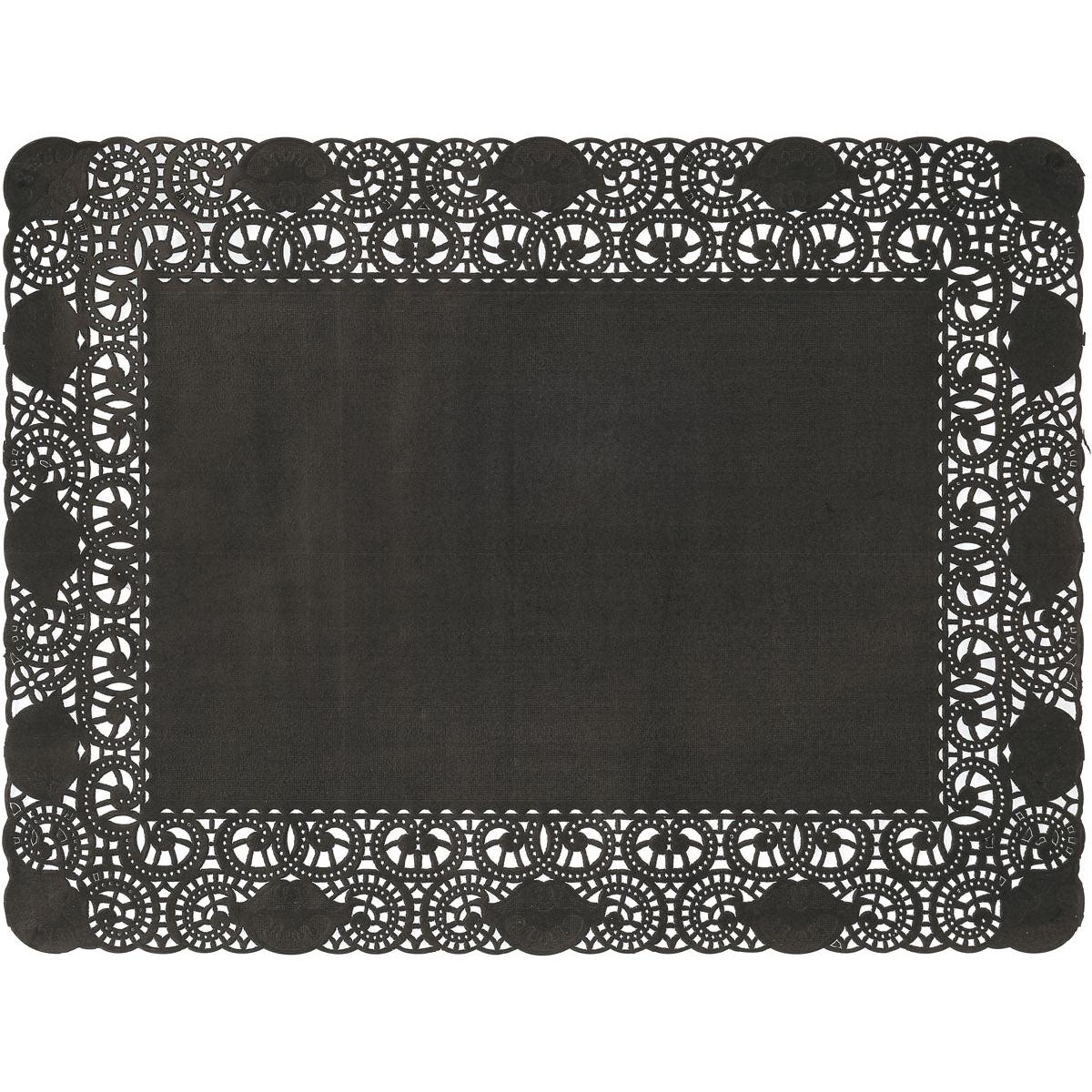 The Duni GmbH decorative lace paper 30x40 cm in black is a high-quality, rectangular decorative paper with lace-shaped cut edges and a scalloped edge - ideal for elegant table settings. The pack contains 250 pieces.