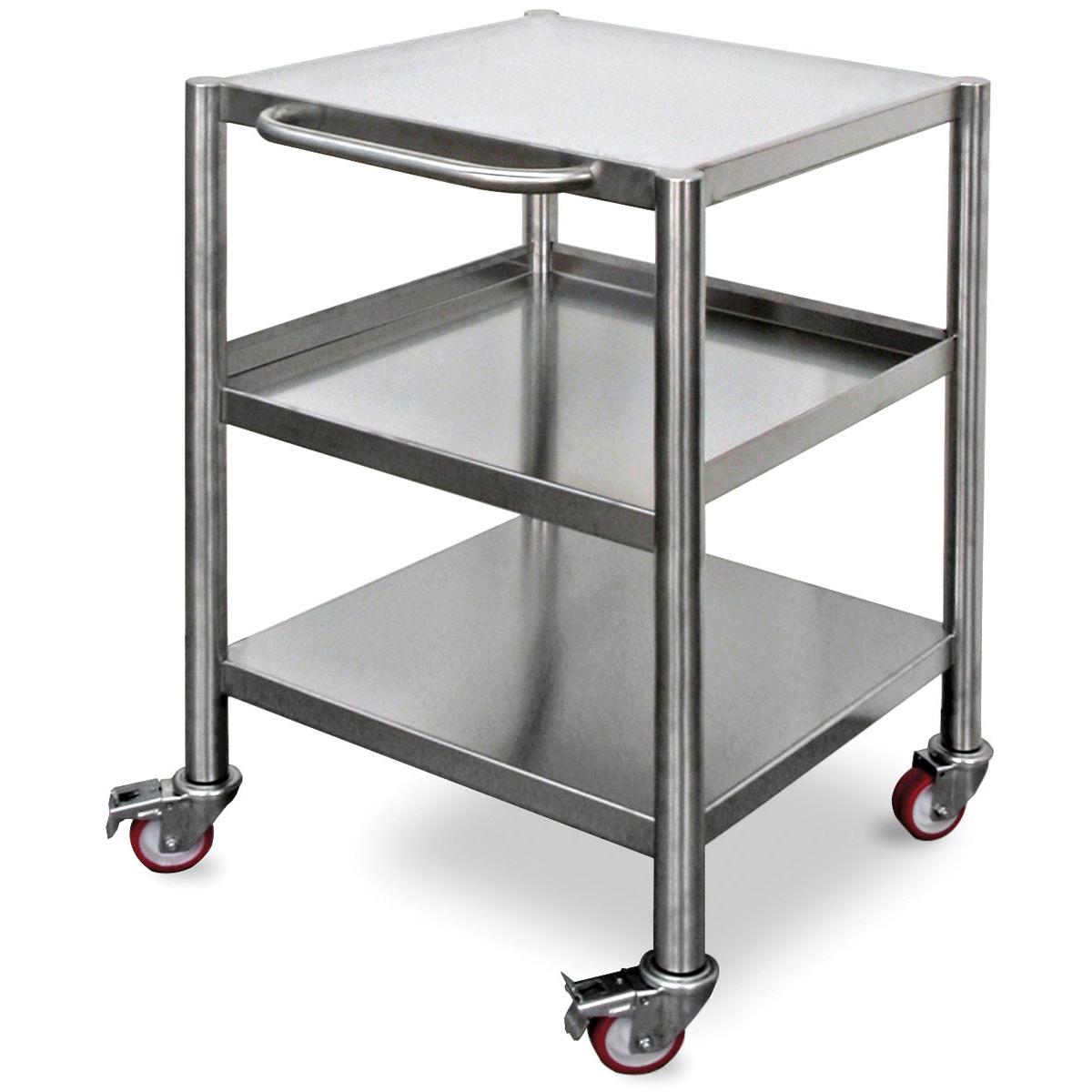 Der Duni GmbH Trolley für DF22/22F/32/32F in Silber Edelstahl (600x600x800mm, 1 Stück) verfügt über drei Einlegeböden, einen seitlichen Griff und vier schwenkbare Rollen - zwei davon mit Bremsen - für einen effizienten Transport in einem schlanken Industriedesign.