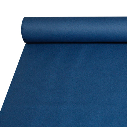 The Starpak tablecloth, fabric-like (Airlaid, 20m x 1.2m), shows a dark blue unrolled sheet with a visible roll at the top left and a flat extension down to the bottom right. It is durable and easy to clean.