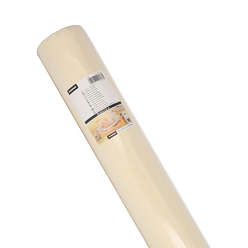 A close-up of the Starpak tablecloth, fabric-like, Airlaid 20m x 1.2m in a transparent packaging with barcode and product label, highlighting its fabric-like appearance.