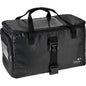 The Duni GmbH Thermal Bag 1 Black Nylon 420x200x260 features two carrying handles, a buckle on the front, a double zipper on top, and a transparent ID pocket. Ideal as a food transport insulated bag. "Duni" is printed in white on the front bottom right.