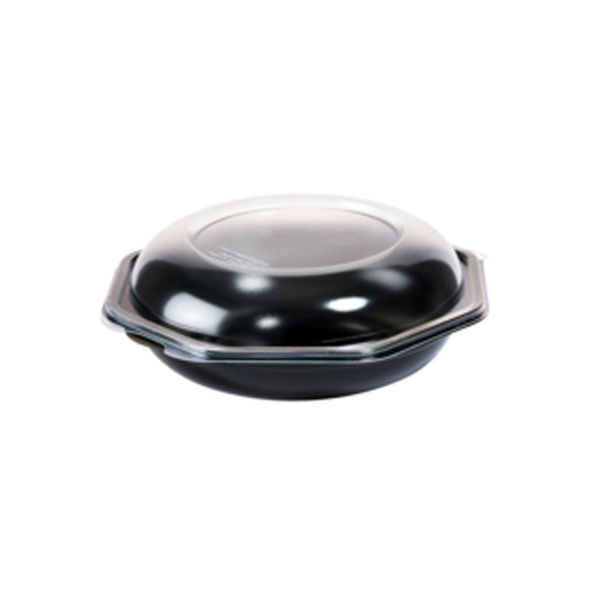 A black Octabowl® (Duni GmbH, C&C pack with 149865) takeout container in PS black/transparent, 190x190x71mm, with domed lid and small side handles - ideal for gastronomy or everyday use. Pack: 20 pieces. Pictured on a white background.