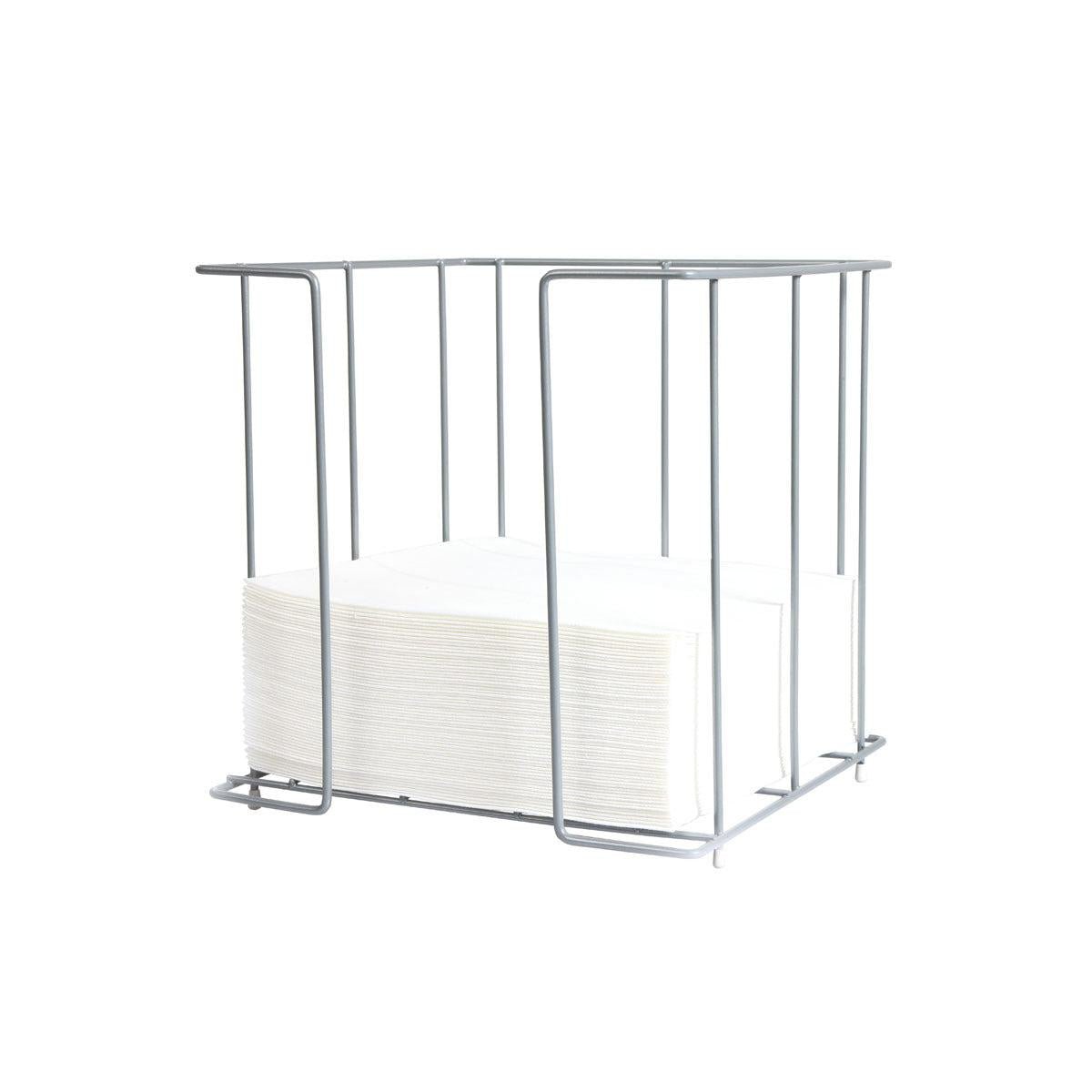 The metal napkin dispenser 40 cm 1/4F by Duni GmbH is a practical and elegant, all-around open chrome wire holder with vertical bars in a rectangular shape, containing a stack of white paper napkins.