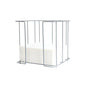 The metal napkin dispenser 40 cm 1/4F by Duni GmbH is a practical and elegant, all-around open chrome wire holder with vertical bars in a rectangular shape, containing a stack of white paper napkins.