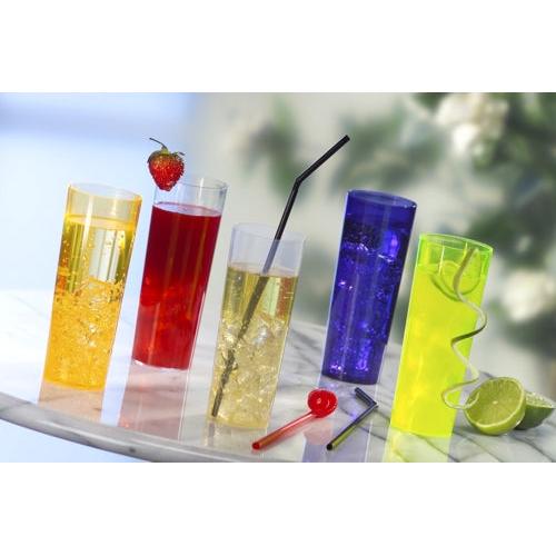 Five Starpak 10 glasses for long drinks (PS 0.3 l, Ø 5.85 cm, 15.2 cm) in the colors yellow, red, clear, blue, and light green stand on marble. Each glass is garnished with a strawberry or lime and straws.