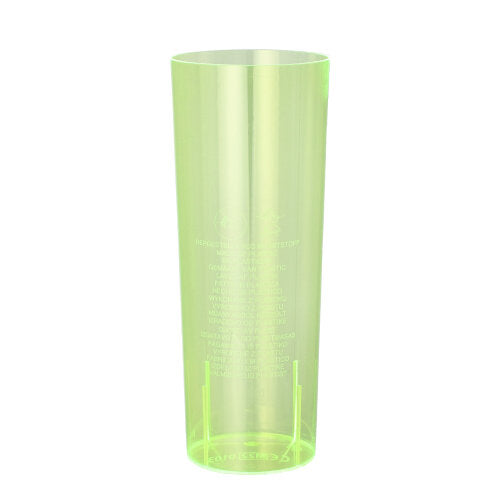 A transparent, tall, cylindrical, green Starpak long drink glass (0.3 l, Ø 5.85 cm - 15.2 cm) stands upright on a white background with a slightly tapered shape and faint white vertical lettering on the side.