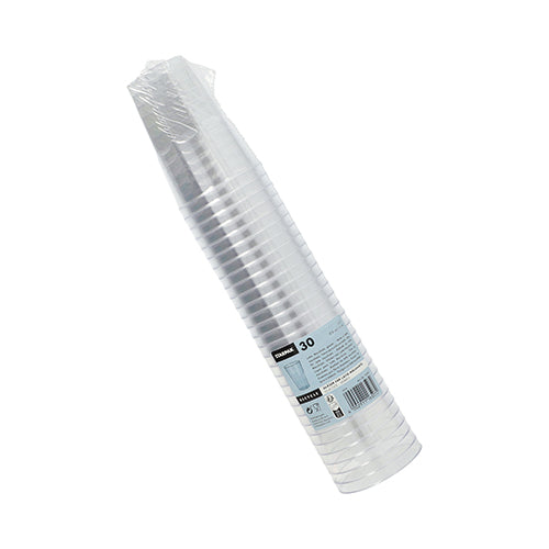 A stack of Starpak 30 glasses for Latte Macchiato, PS 0.3 l Ø 8 cm · 11 cm crystal clear (30 pieces) is wrapped in shrink film and provided with a product information label on the side.