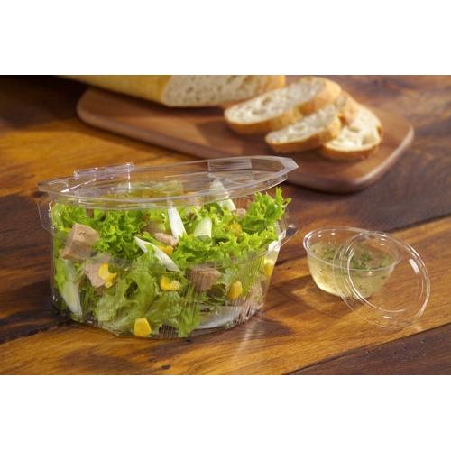 A transparent Starpak PS container (50 ml, Ø 6.7 cm) from the 100-piece dressing bowl set holds mixed green salad, corn, and tuna on a wooden surface with sliced bread – ideal for fans of fresh catering.