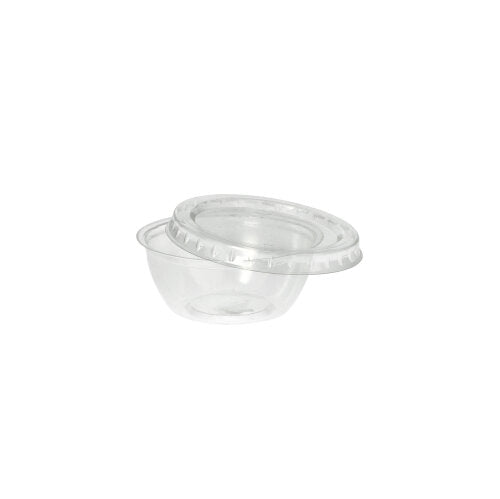 A clear, round 50ml Starpak PS dressing bowl with a transparent lid (Ø 6.7cm, height 2.7cm) is depicted empty against a white background – ideal for catering, available in packs of 100 pieces.