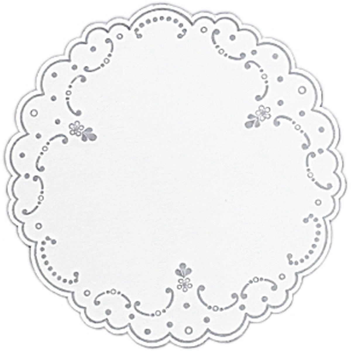 The Dunicel doily 19 cm with silver print from Duni GmbH is an elegant, round table decoration with a floral border pattern - ideal as a stylish hospitality coaster for your table. The package contains 250 pieces.