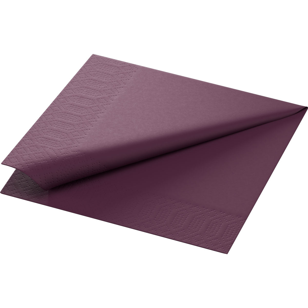 A folded Duni GmbH Zellt.Serv.33x33 3-ply, 1/4 plum napkin (33 x 33 cm) with subtle border embossing, depicted on a white background. Package contains 250 napkins.