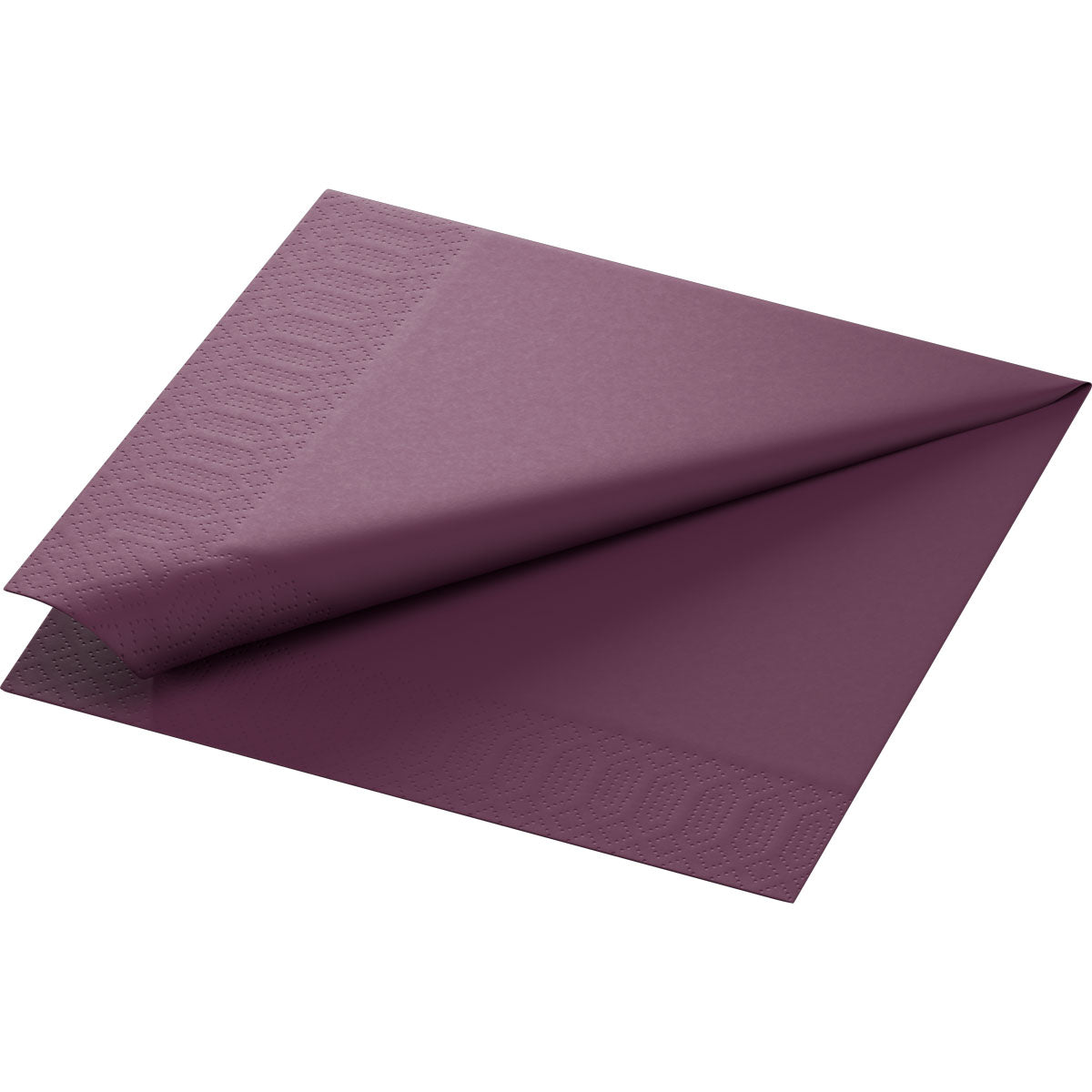 The folded plum napkin Zellt.Serv.40x40 3-ply 1/4 F. from Duni GmbH (250 pieces), 40x40cm and 3-ply, is provided with an embossed border pattern that is displayed on a plain white background.