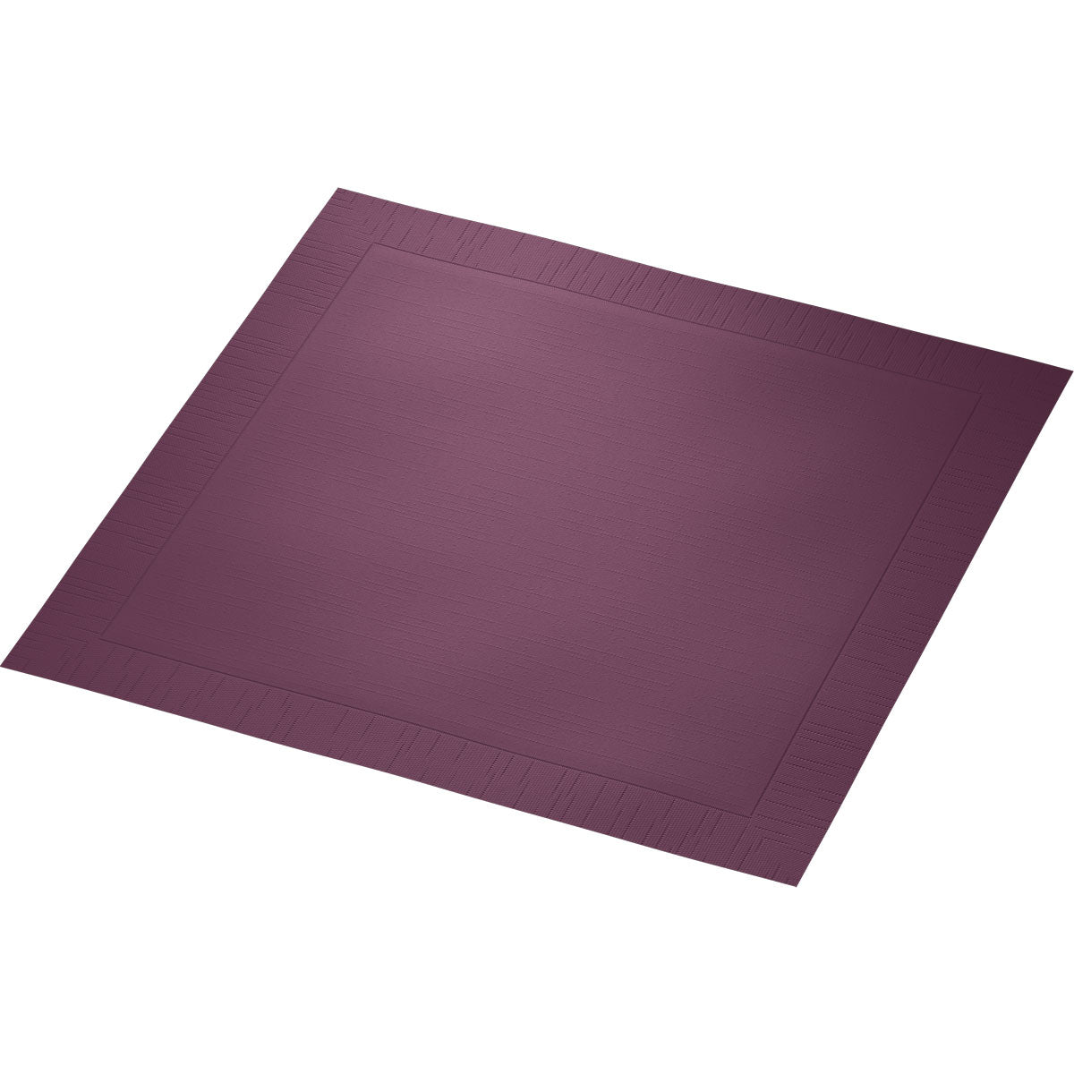 The Duni GmbH classic napkin 40 x 40 cm, 4-ply, embossed 1/4 fold is a square purple paper placemat with a textured edge and smooth center, ideal for an elegantly set table. Photographed on a white background.
